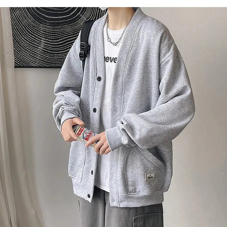 2023 Korean Sweatshirts Men Fashion Solid Color Style Hoodies Autumn Brand Casual Loose Coat Street Thick Warm Male Cardigans