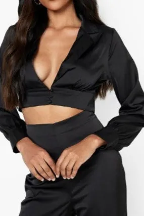 Black Matte Satin Plunge Front Shirt