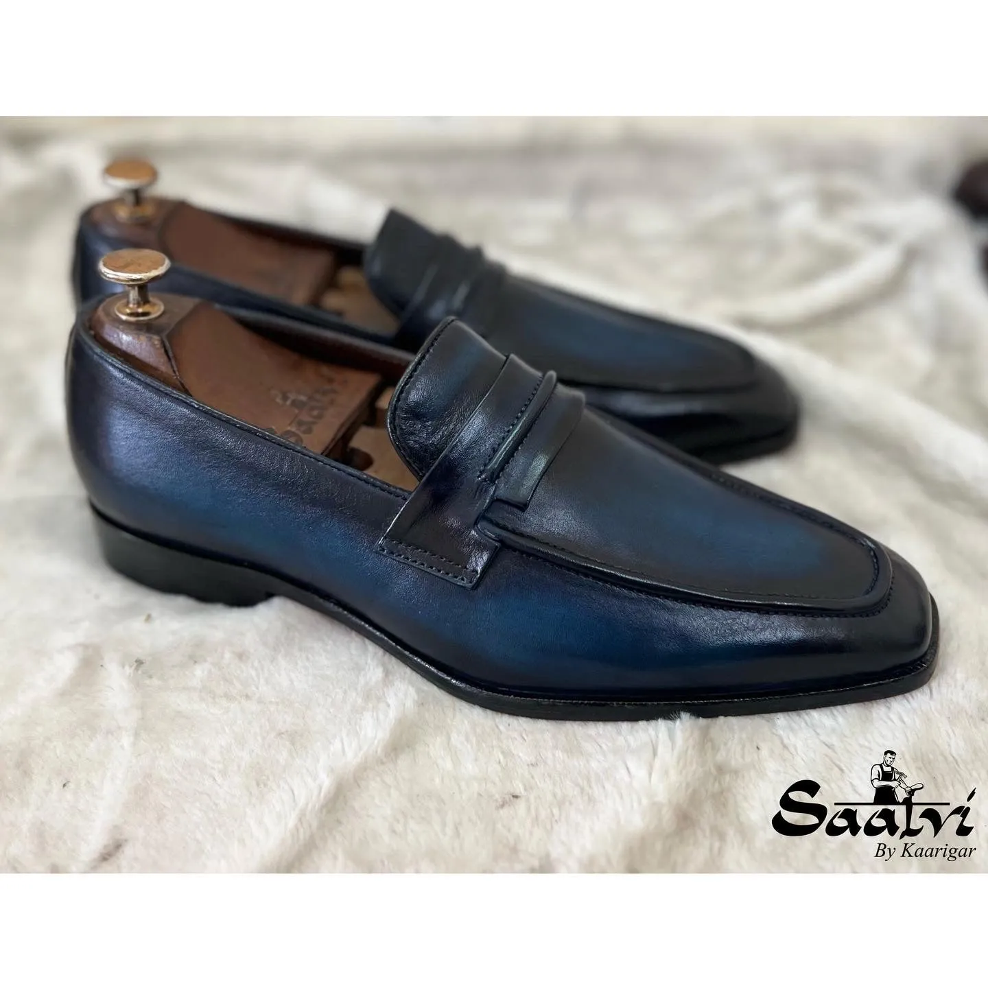 Blue Hand Finished Penny Loafers