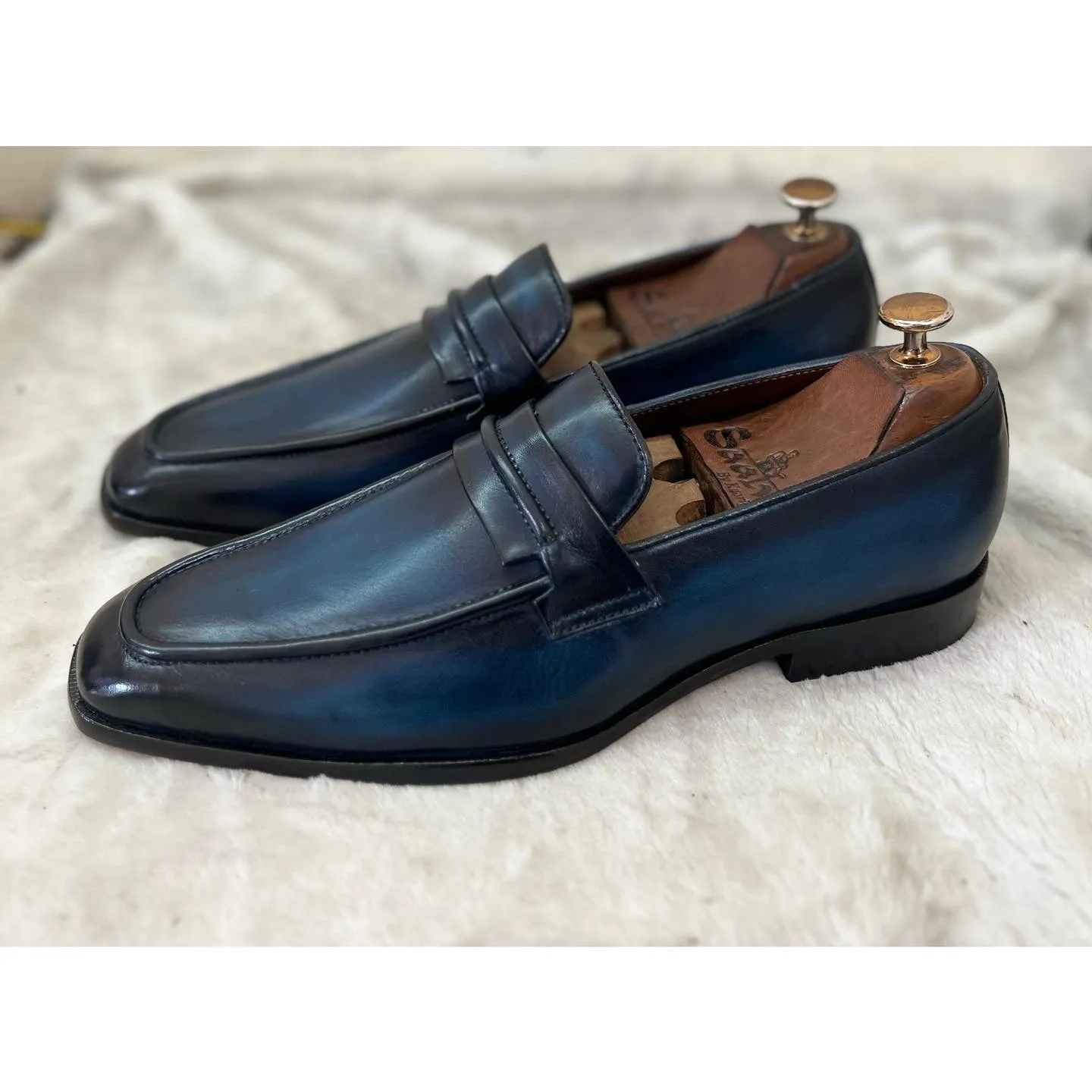 Blue Hand Finished Penny Loafers