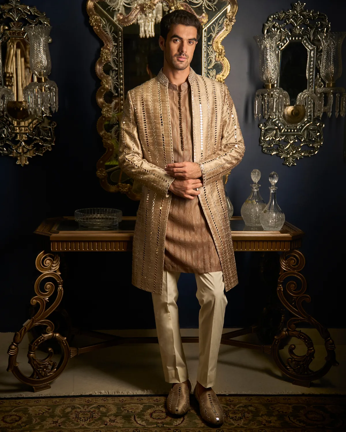 Coffee Mirror Open Sherwani Set