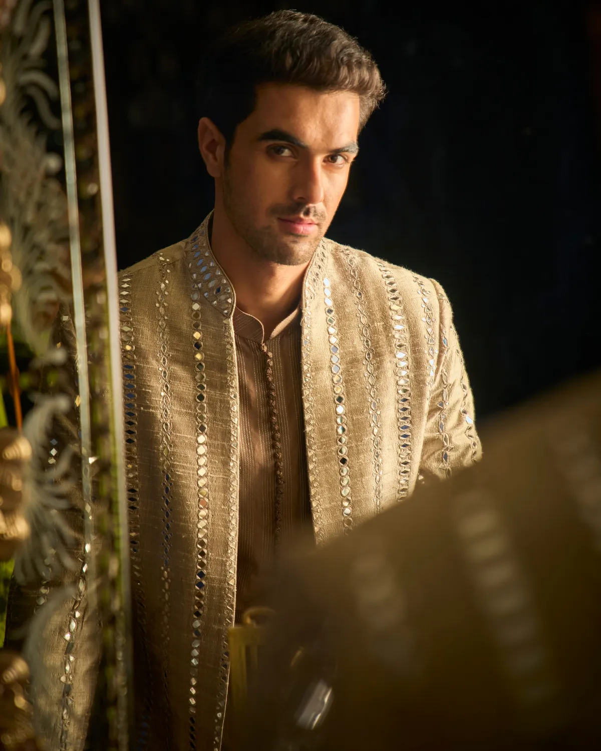 Coffee Mirror Open Sherwani Set