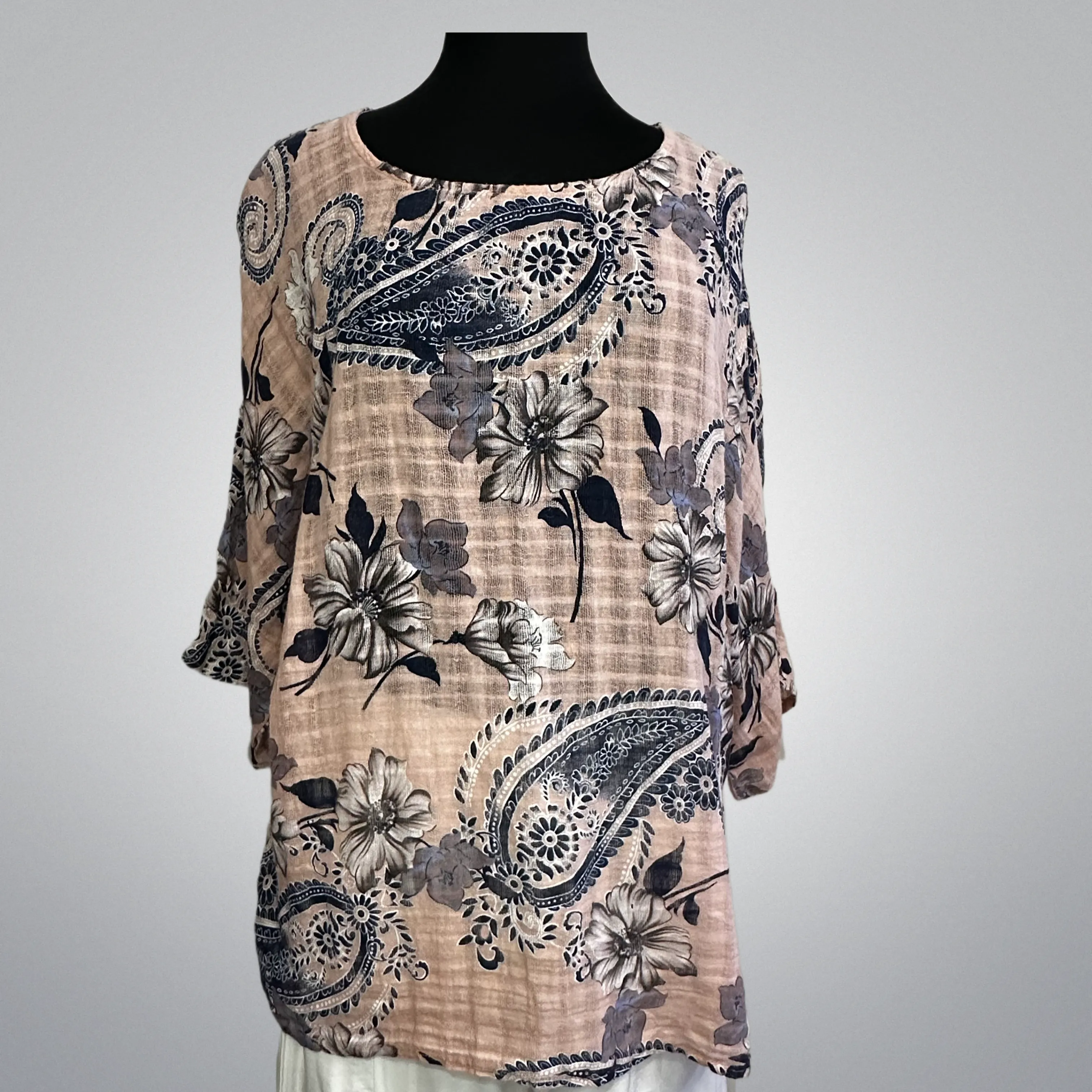 Cotton/Linen Blend Paisley Flower Print Top