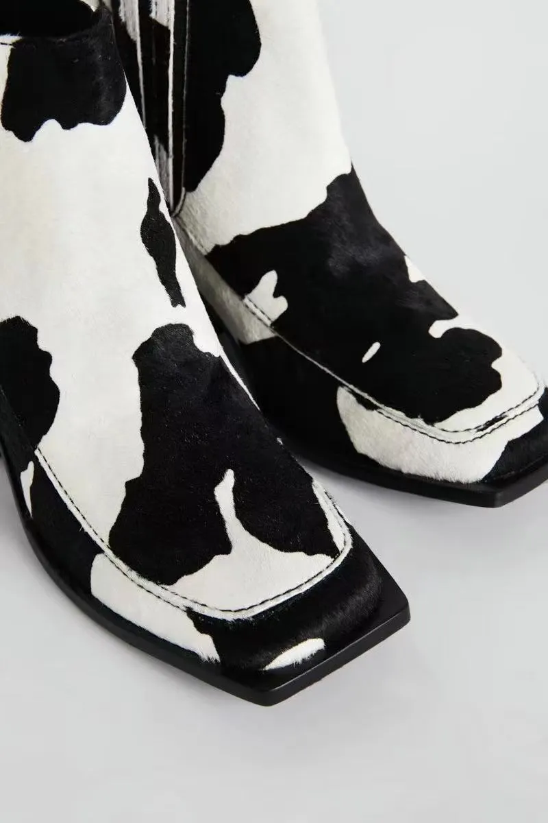 Cow Print Square Toe Chelsea Boots