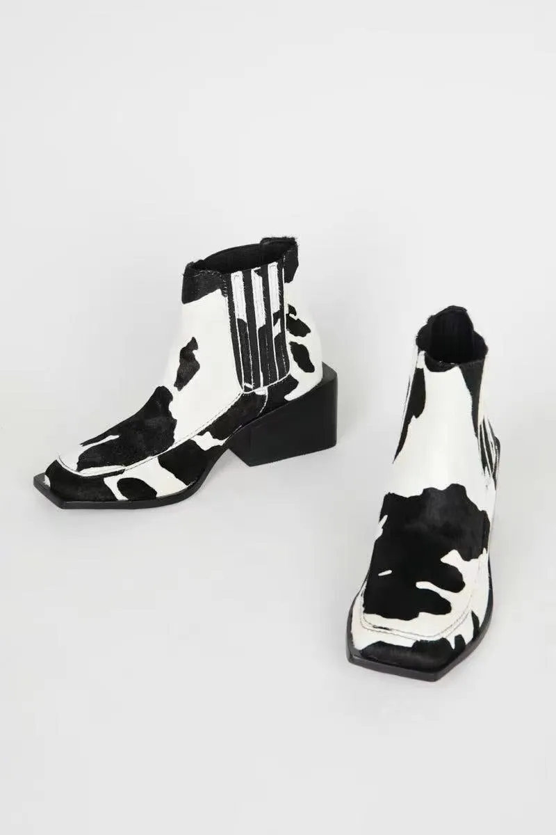 Cow Print Square Toe Chelsea Boots