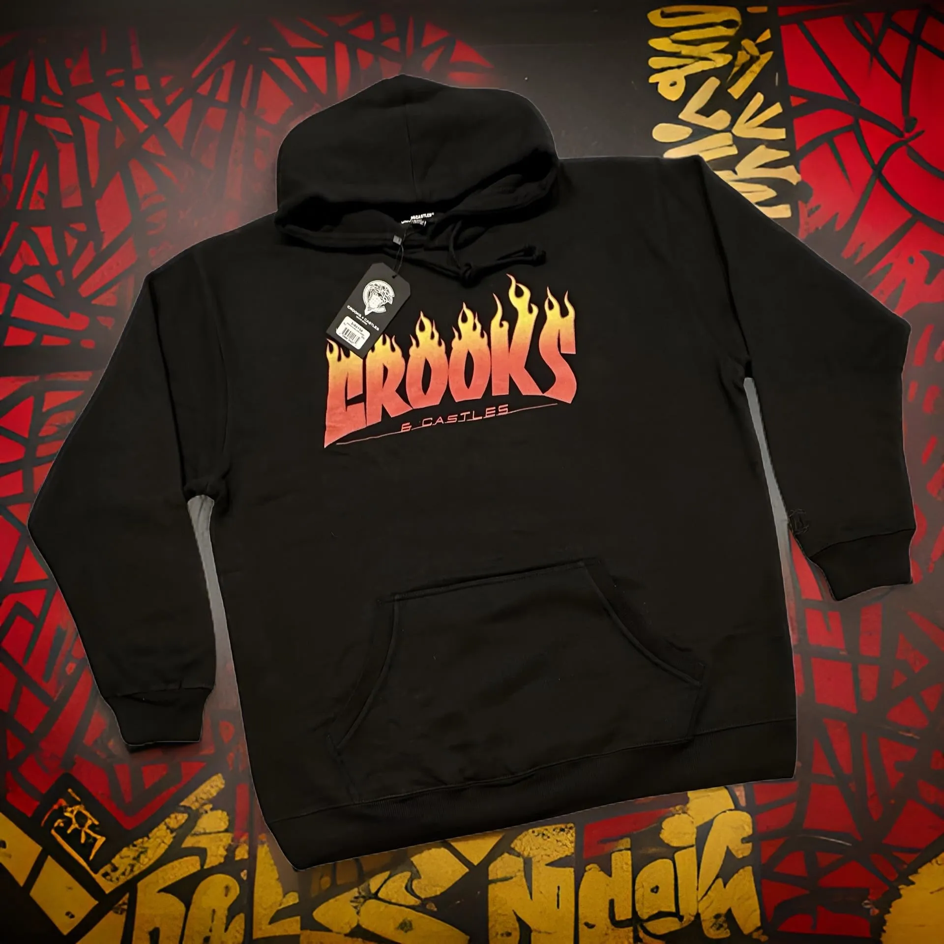 *CROOKS & CASTLES* (BLACK) ~FLAMES~ PULLOVER HOODIES FOR MEN