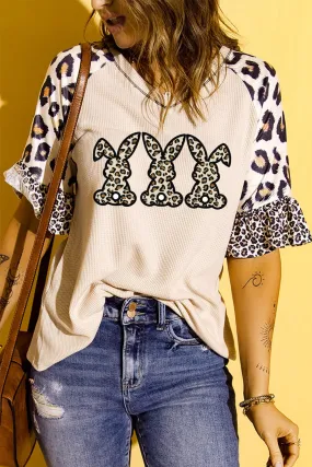 Easter Leopard Waffle-Knit Flounce Sleeve Top