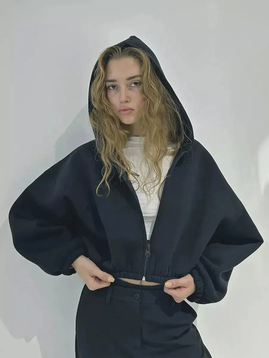 Fashionable Cropped Cozy Solid Color Loose Hoodie