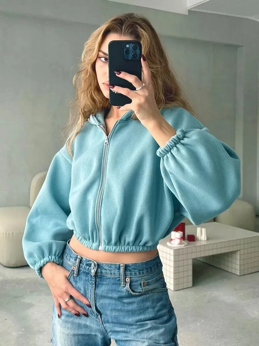 Fashionable Cropped Cozy Solid Color Loose Hoodie