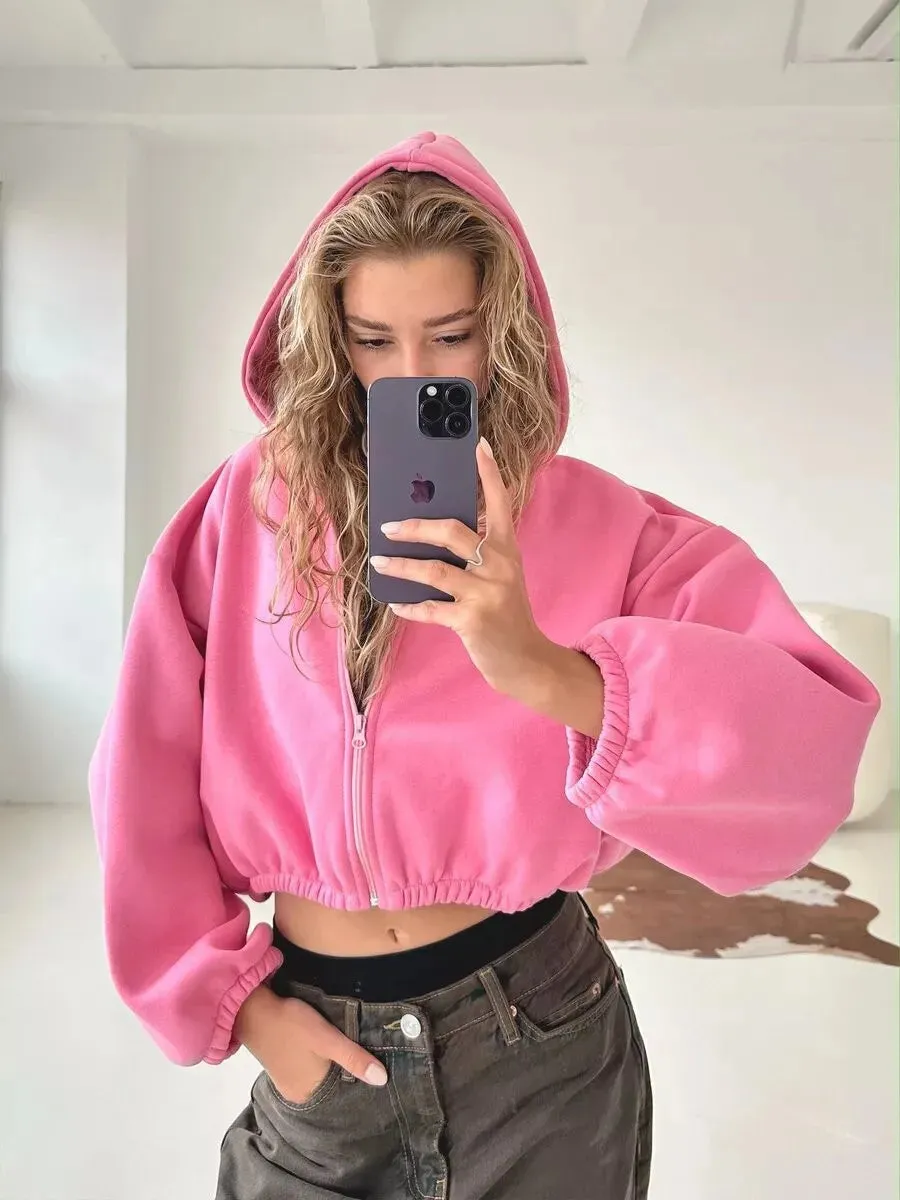 Fashionable Cropped Cozy Solid Color Loose Hoodie