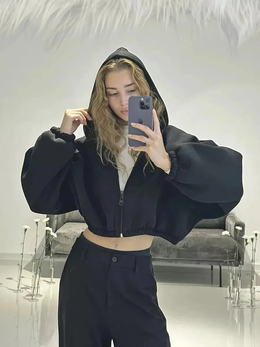 Fashionable Cropped Cozy Solid Color Loose Hoodie