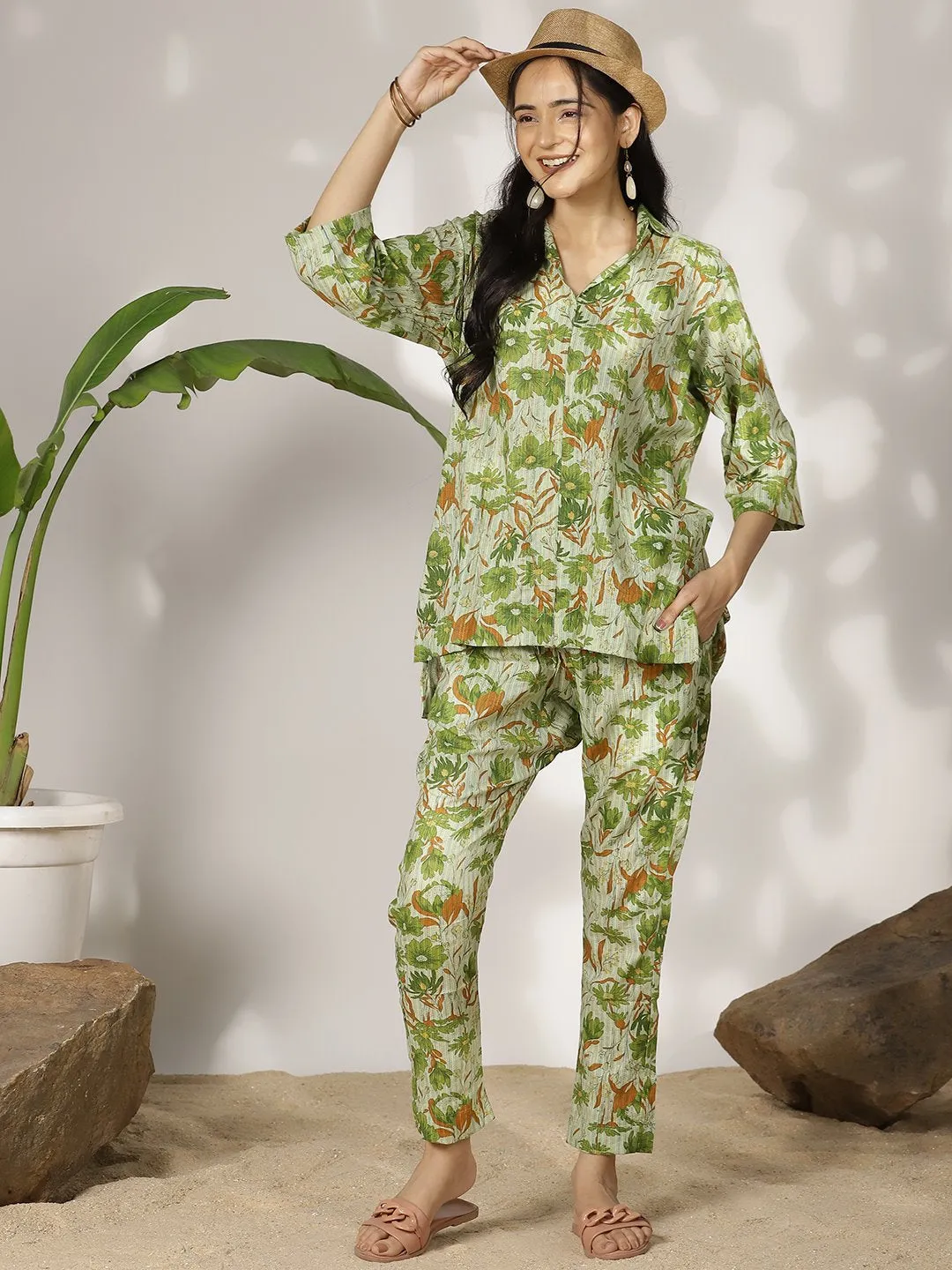 GreenFloral Cotton ShirtTop & Pants