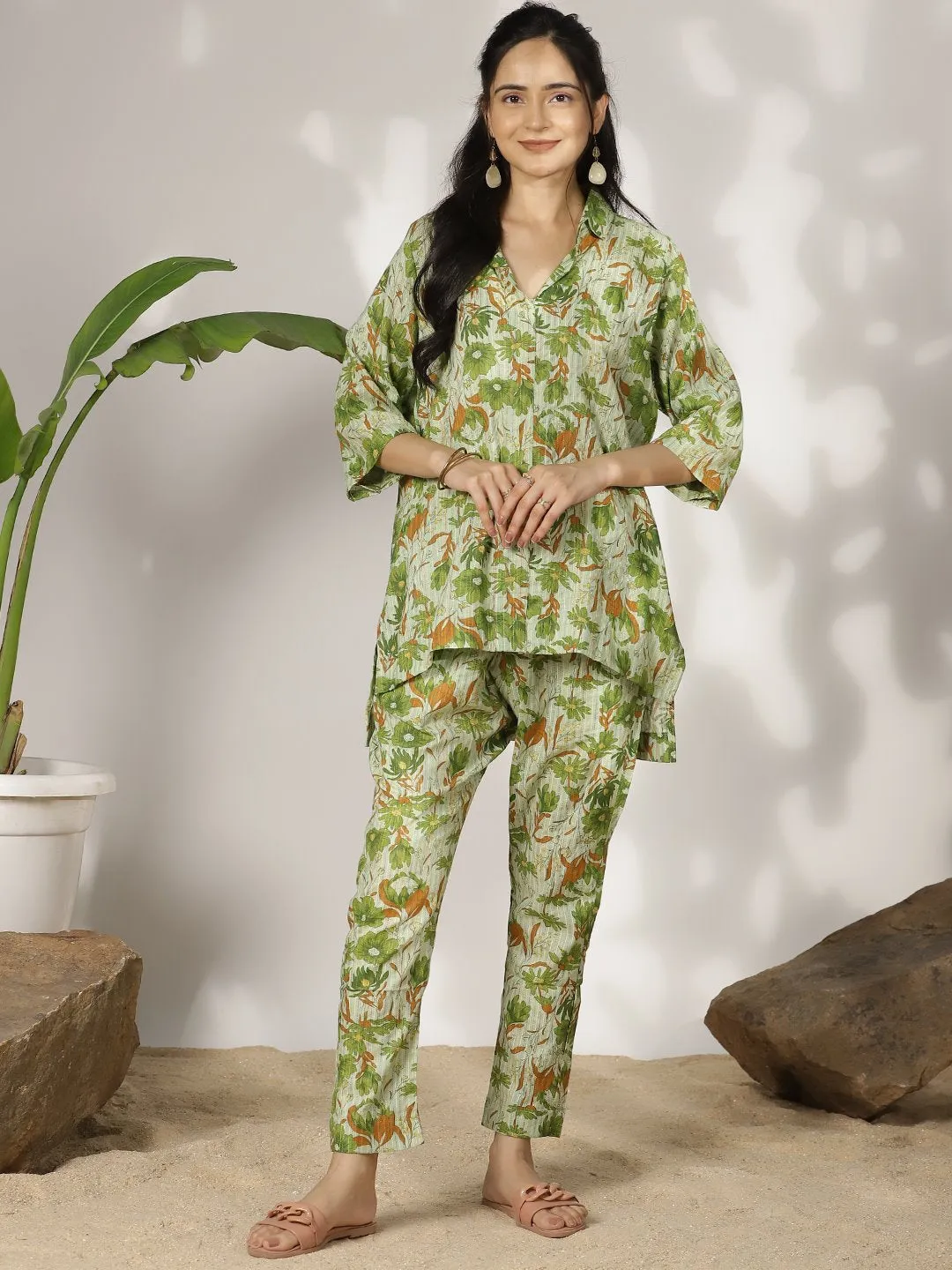 GreenFloral Cotton ShirtTop & Pants