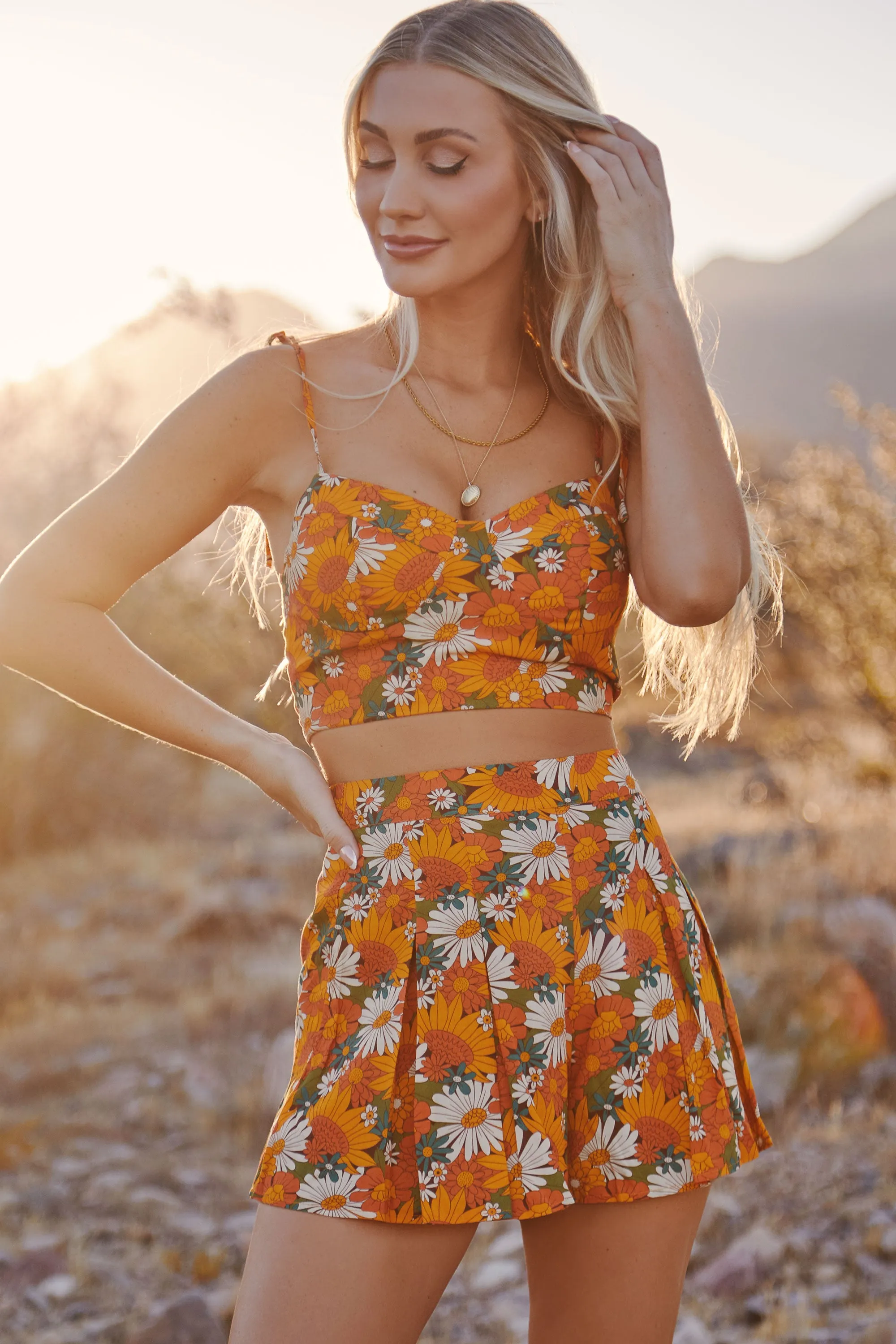 Kimmy Orange Floral Top & Shorts Sets