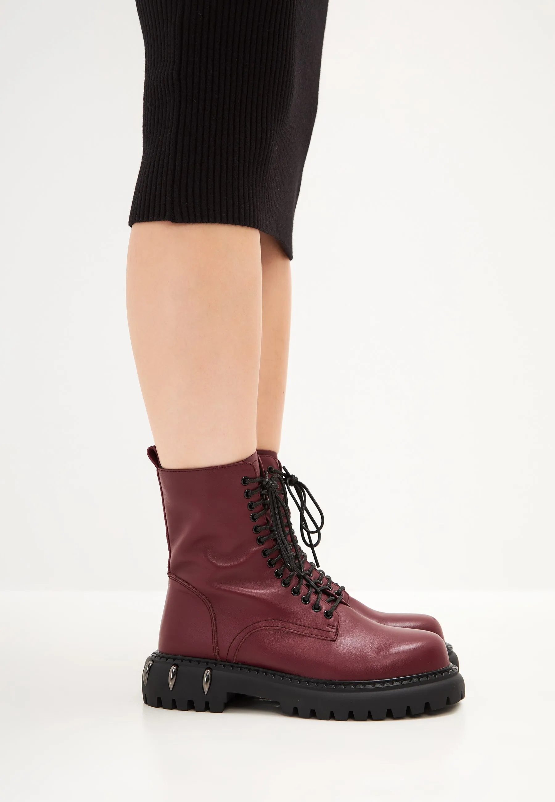 Lace-Up Combat Boots with Chunky Sole - Bordeaux