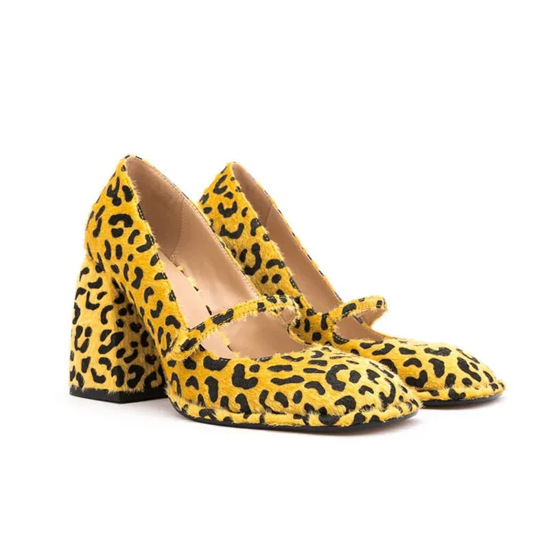 Leopard Square Toe Block Heel Shoes