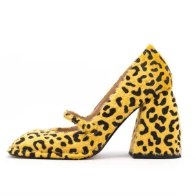 Leopard Square Toe Block Heel Shoes