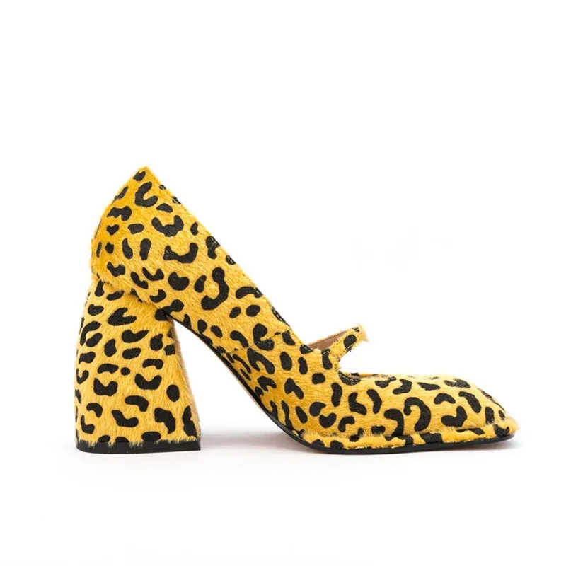 Leopard Square Toe Block Heel Shoes