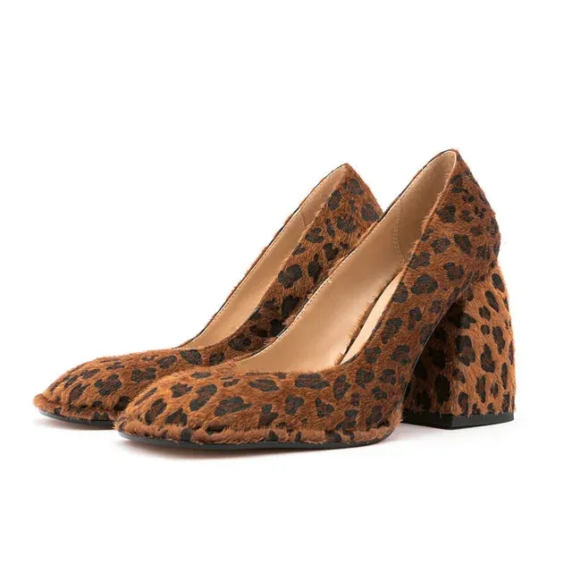 Leopard Square Toe Block Heel Shoes