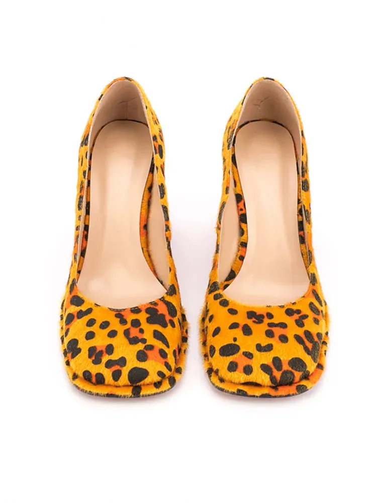 Leopard Square Toe Block Heel Shoes