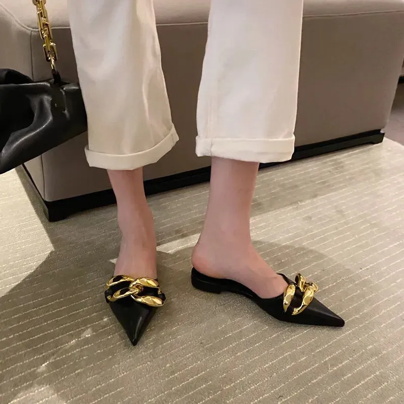 Metal Chain Pointed Toe Mules