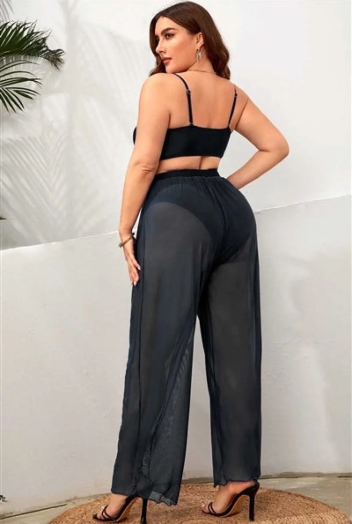 Plus Size Black Mesh Sheer Ruched High Waist Flow Elastic Waist Wide Leg Beach Swimwear Cover Up Pants