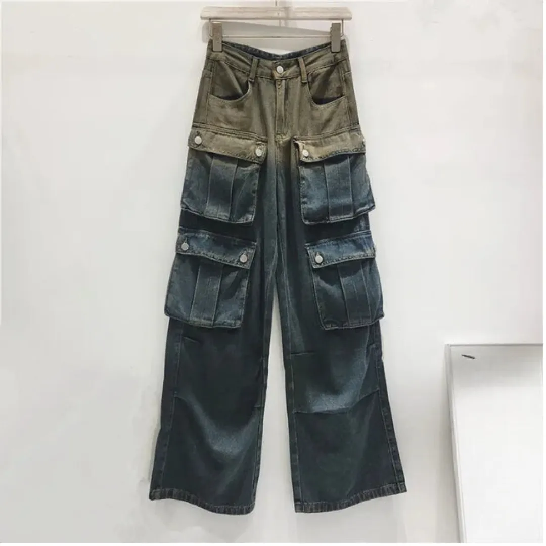 Pre Order:  Washed Gradient Multi Pocket Loose Pants