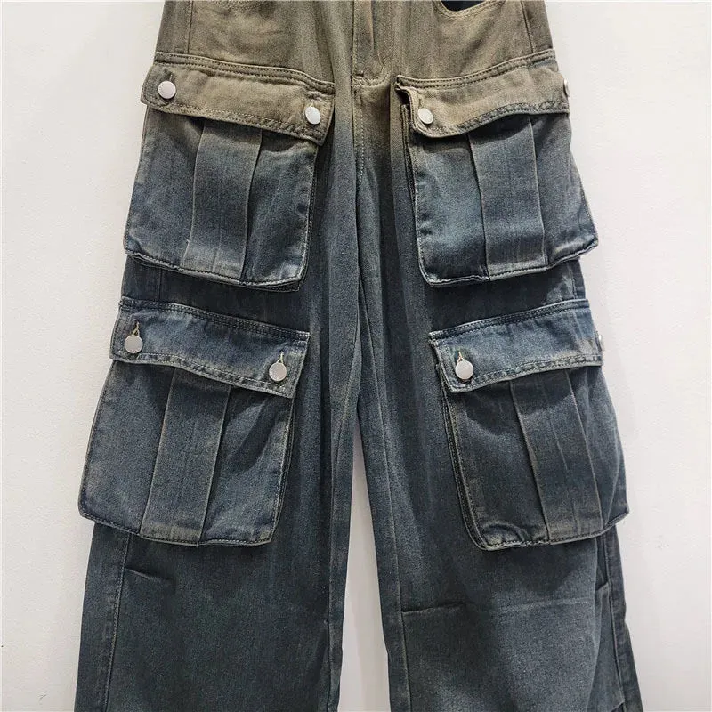 Pre Order:  Washed Gradient Multi Pocket Loose Pants