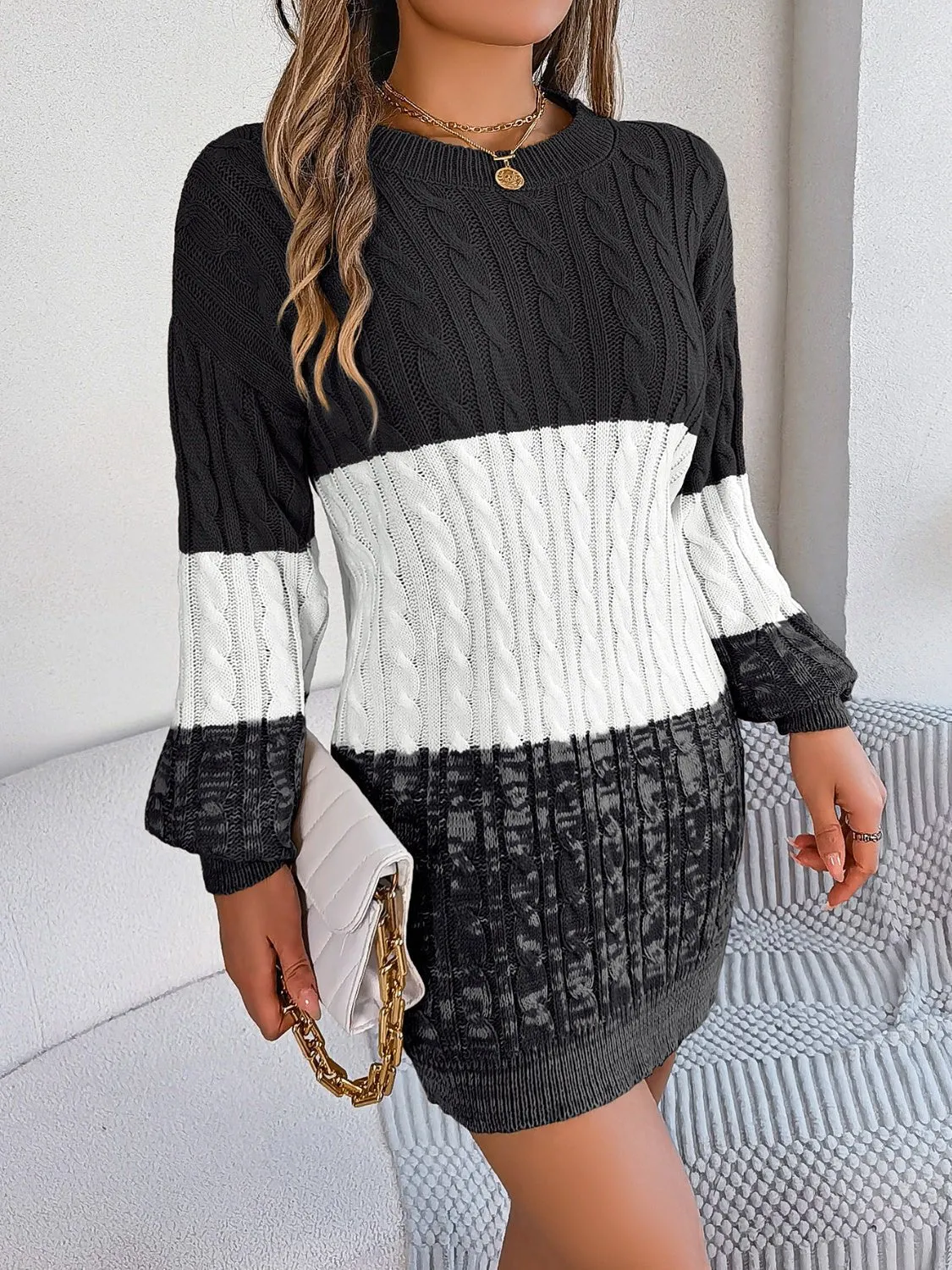 Round Neck Color Block Sweater Dress