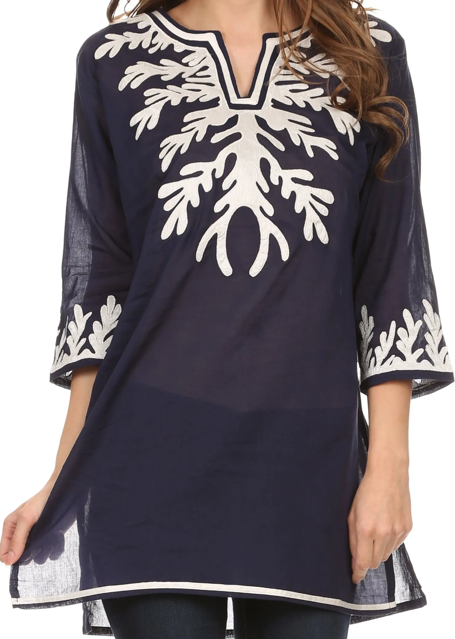 Sakkas Gyan Tunic Blouse Shirt With Long Sleeves And Emrboidery Details