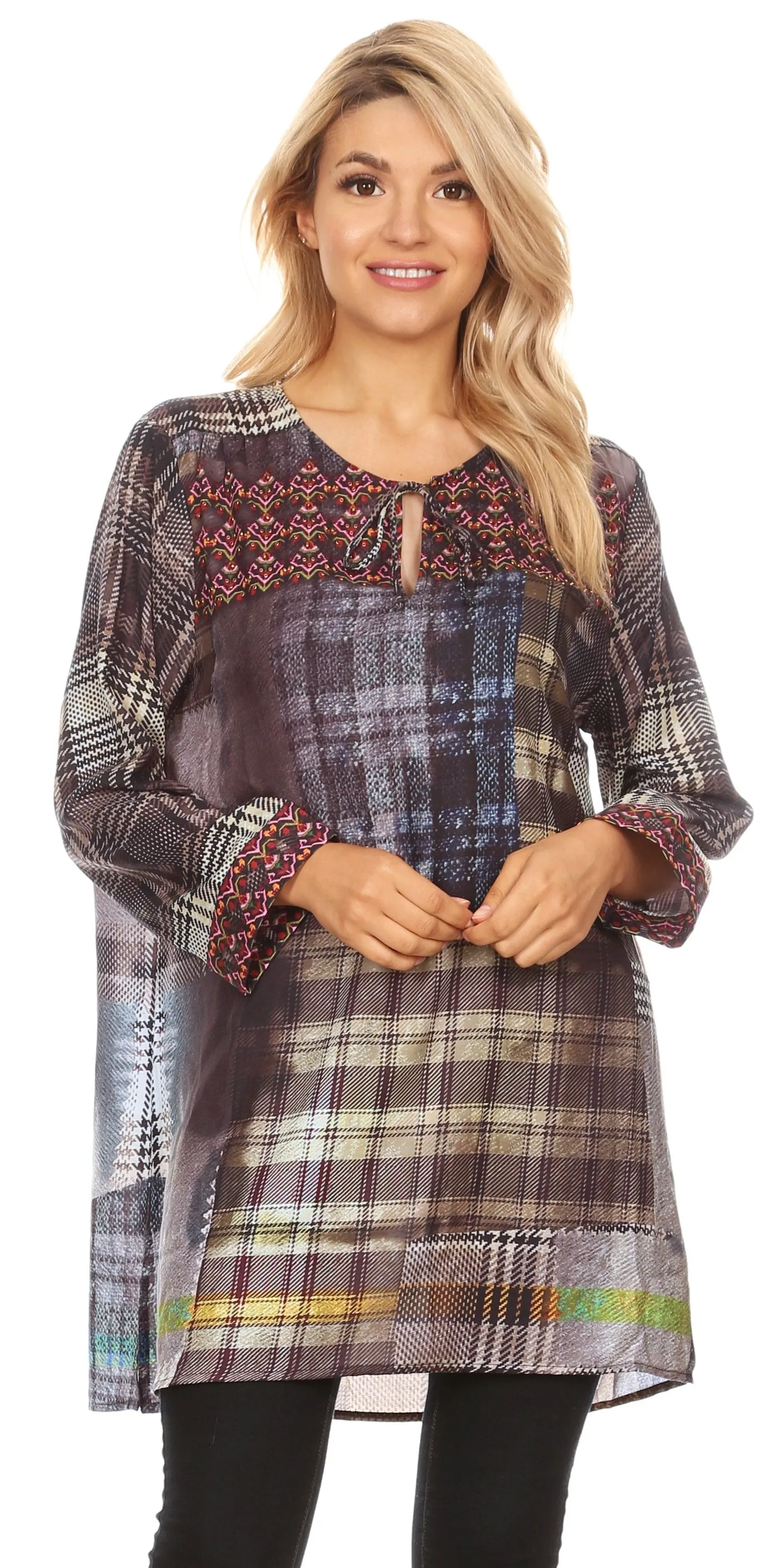 Sakkas Ida Womens Peasant Boho Tunic Blouse Top with Long Sleeves & Embellishing