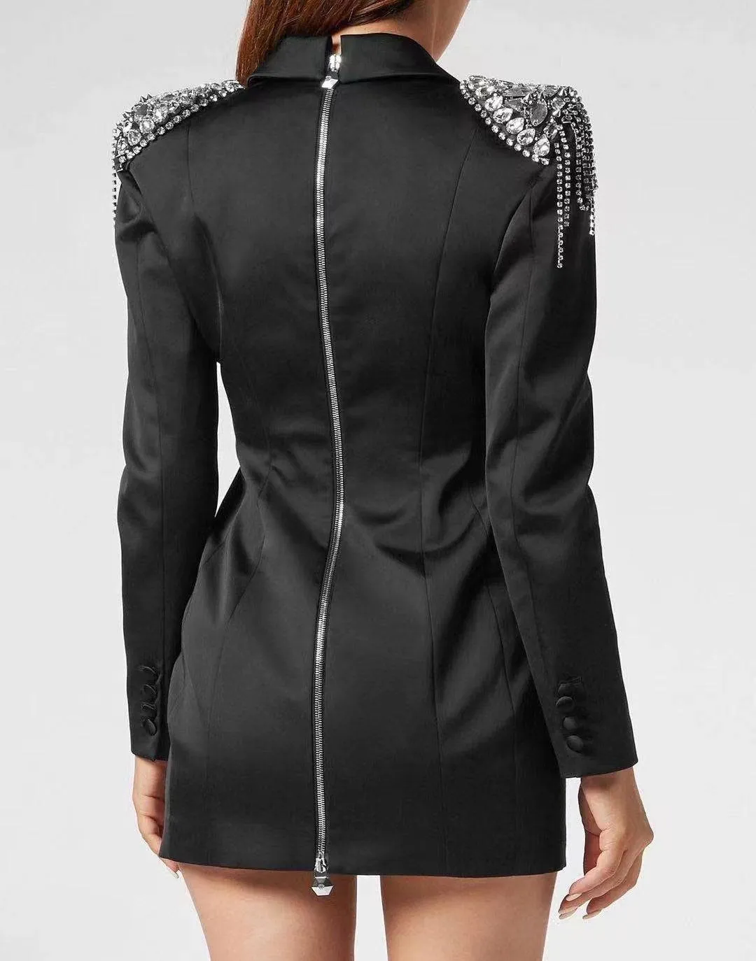 Samantha Long Sleeve Rhinestone Detail Zip Up Back Mini Dress