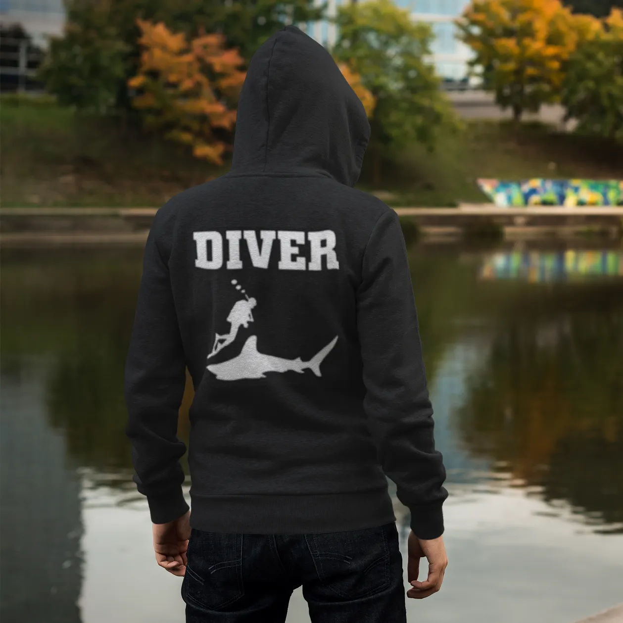 Scuba diving Hoodie Men | Coated Fleece Hoodie 'Diver & Shark'