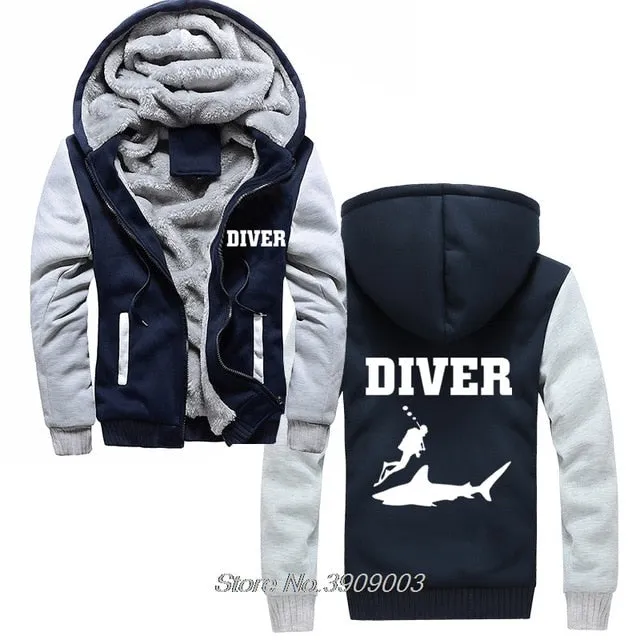 Scuba diving Hoodie Men | Coated Fleece Hoodie 'Diver & Shark'