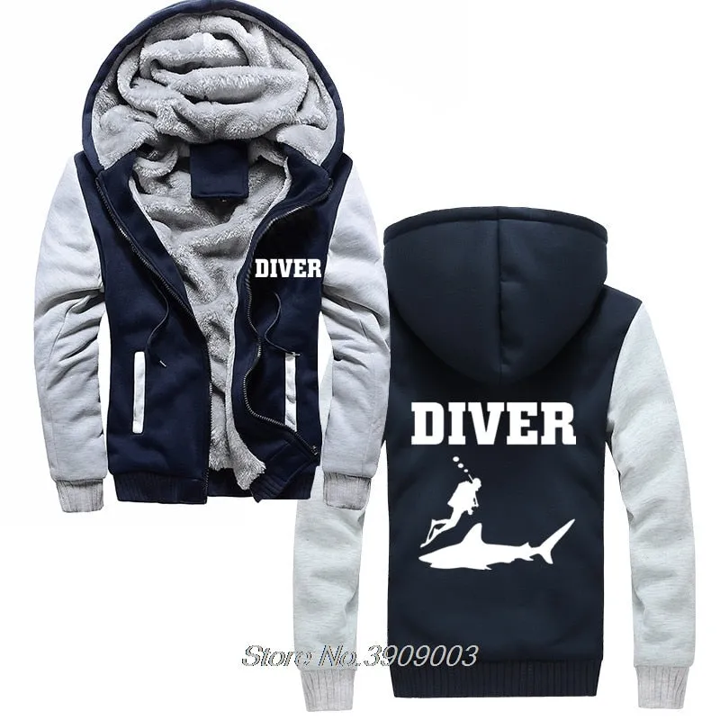 Scuba diving Hoodie Men | Coated Fleece Hoodie 'Diver & Shark'