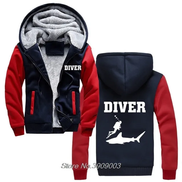 Scuba diving Hoodie Men | Coated Fleece Hoodie 'Diver & Shark'