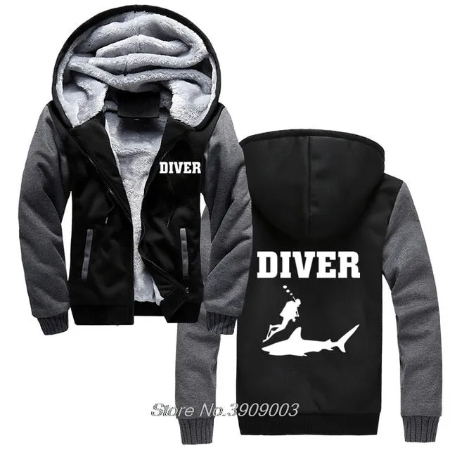 Scuba diving Hoodie Men | Coated Fleece Hoodie 'Diver & Shark'