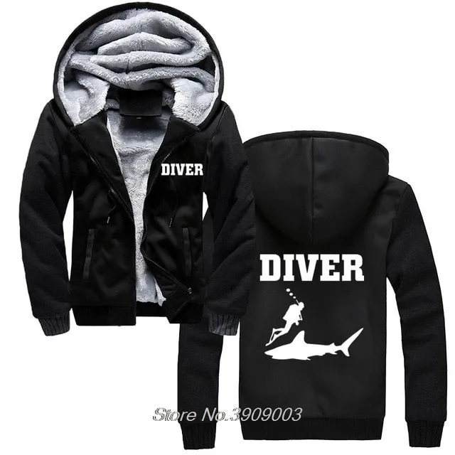 Scuba diving Hoodie Men | Coated Fleece Hoodie 'Diver & Shark'