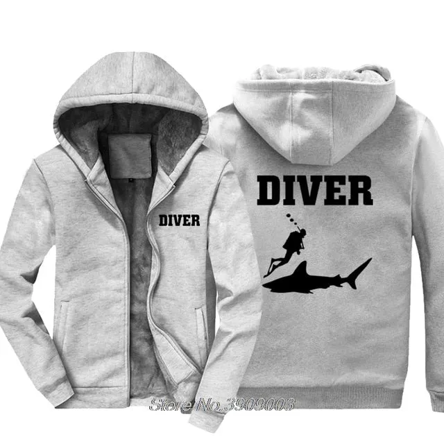 Scuba diving Hoodie Men | Coated Fleece Hoodie 'Diver & Shark'