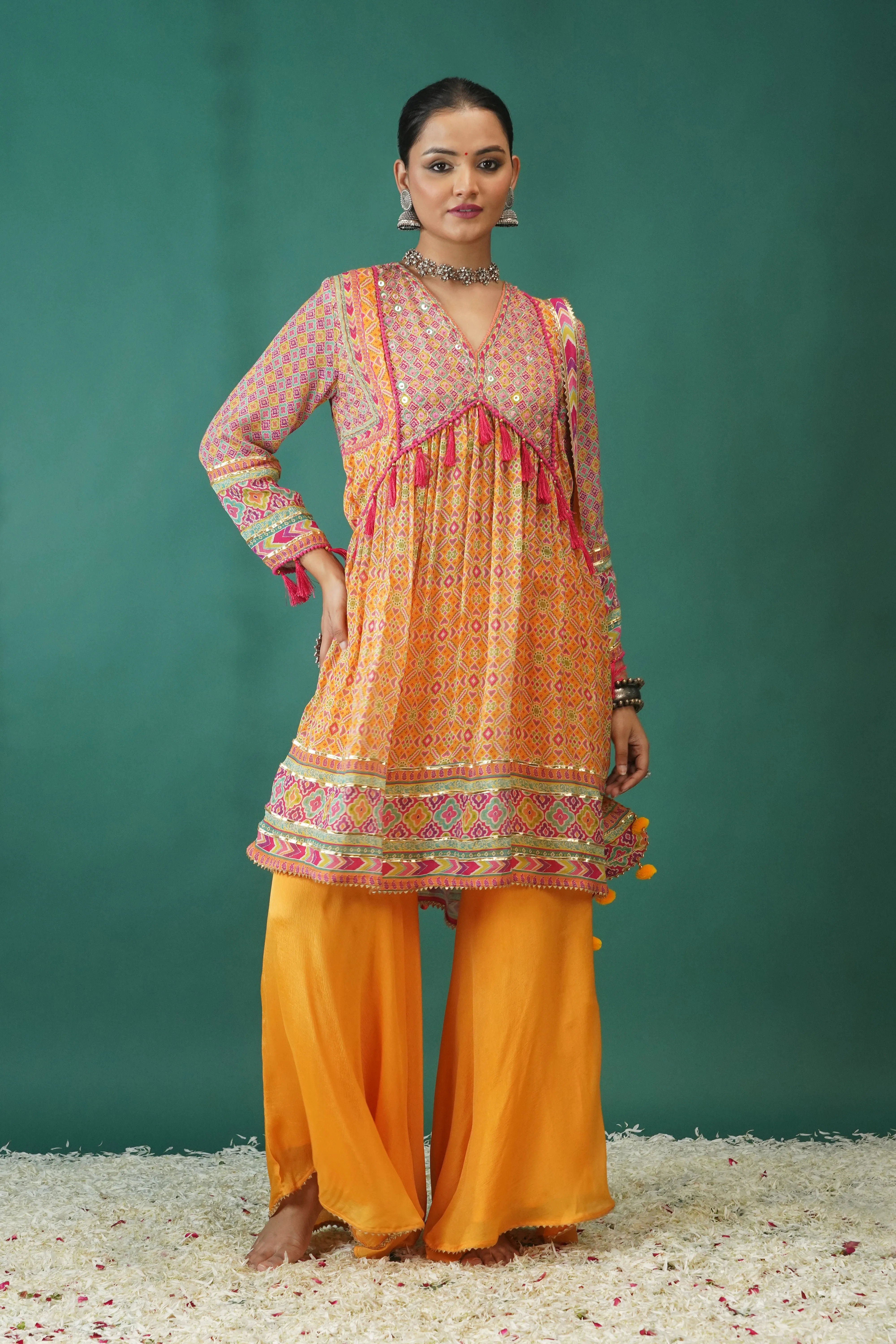 Yellow Traditional Printed Chinon Silk Palazzo Set