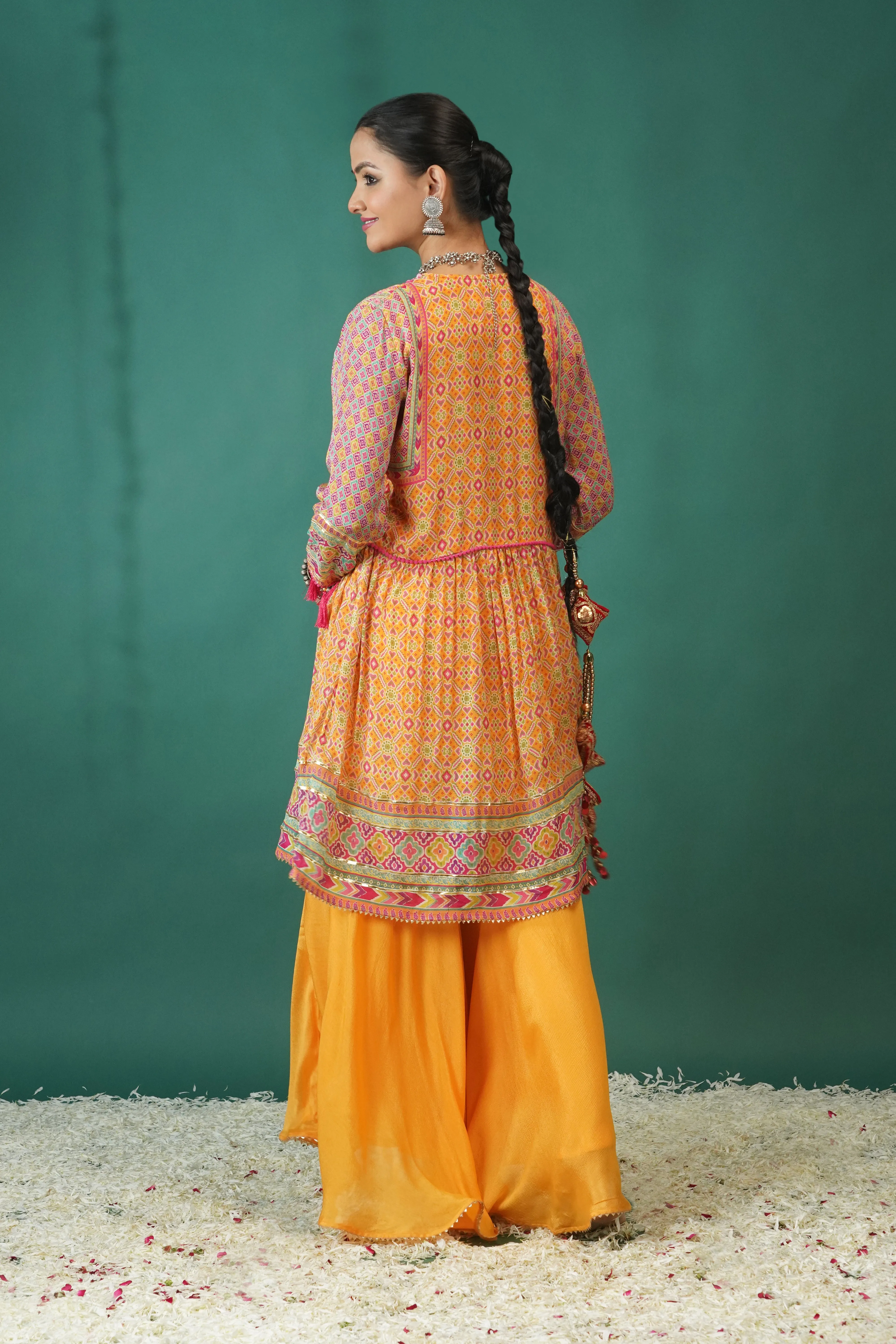 Yellow Traditional Printed Chinon Silk Palazzo Set